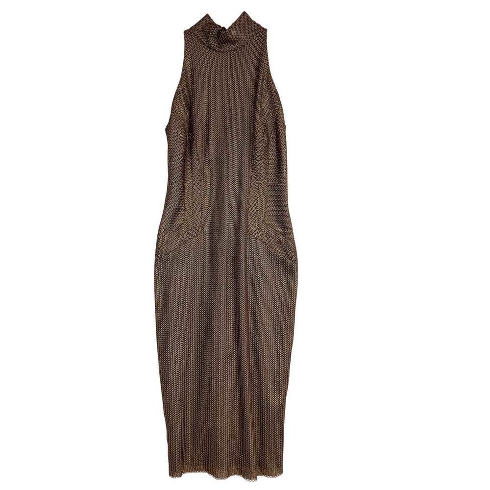 Kevan Hall Brown Copper Mock Neck Midi Sheath Dress Cocktail - 2